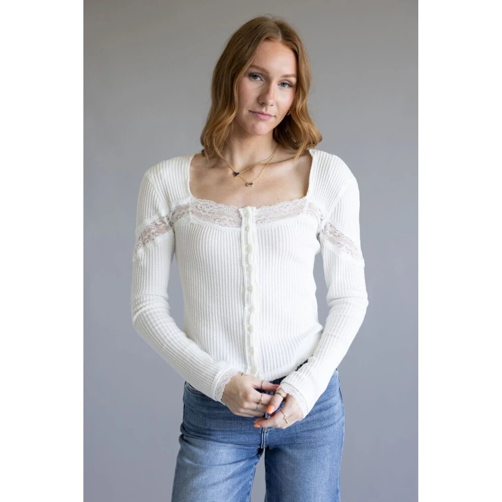 Free People Let’s Party Women’s Thermal Lace Trim Cardi Top size L NWT Ivory